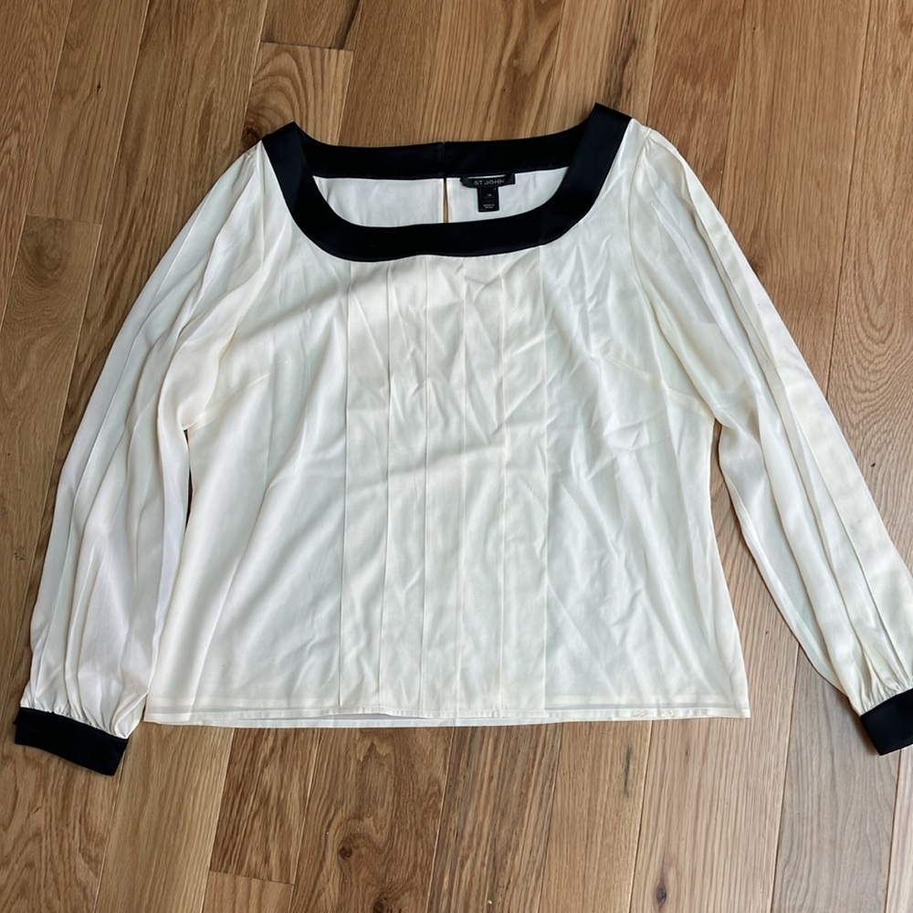 St. John size 14 long sleeve top. Light cream with black detail at neck+wrists.